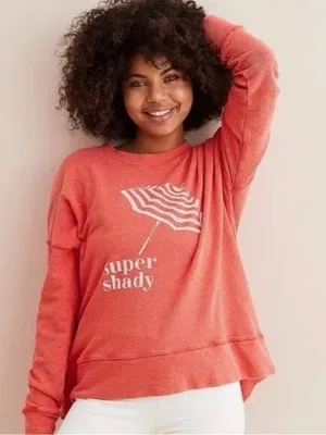 Aerie “Super Shady” Coral Pullover Sweatshirt Graphic Umbrella Oversized Small thumbnail 1