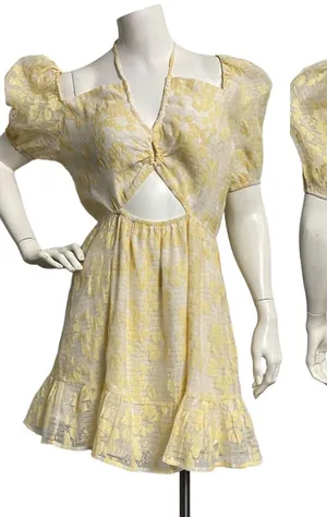 Storia Ruby & Jenna Tie Front‎ Puff Sleeve Dress Lemon Size Large Fairycore Open thumbnail 1