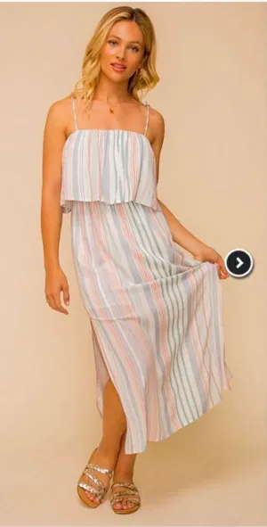 Hem & Thread Women's Striped Tube Dress‎ Tiered Midi Sleeveless Pink Blue Small thumbnail 1