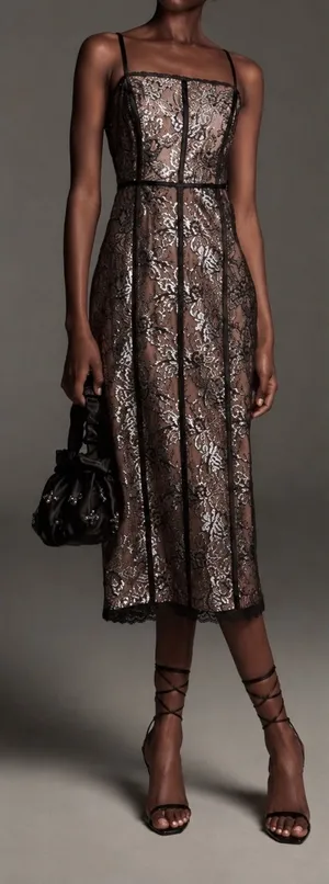 Anthropologie Metallic Floral Lace Midi Dress Cocktail Party Romantic Y2K XS thumbnail 1