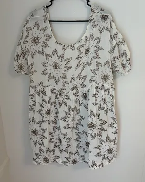 Free People Belezza Printed Babydoll Mini Dress Cream Scoop Neck Size Large thumbnail 1