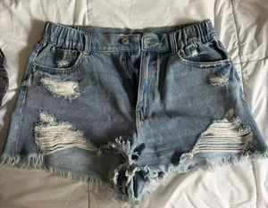 REWASH Blue denim shorts with frayed hem and distressed details #summer thumbnail 1