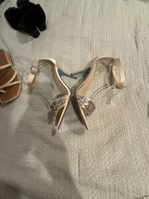 Blue by Betsey Johnson Gina Champagne Satin Rhinestone Ankle Strap Heels thumbnail 8