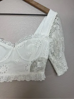 More To Come Kallie Crop Top Eyelet Lace Embroidered White XS $68 Revolve thumbnail 7
