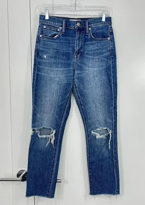 Madewell Size 25 Blue High Rise Slim Boyjean Distressed Raw Hem Jeans thumbnail 1