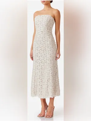 NEW ELLIATT Cali Strapless Lace Midi ivory gold Dress Sz XS thumbnail 3