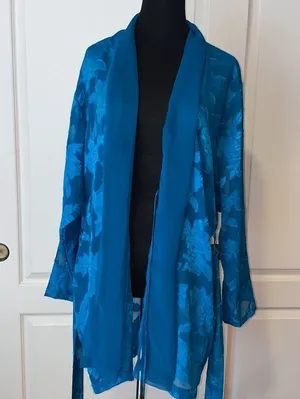VTG BLUE DAMASK 80s GOLD LABEL VICTORIAS SECRET ROBE KIMONO thumbnail 1