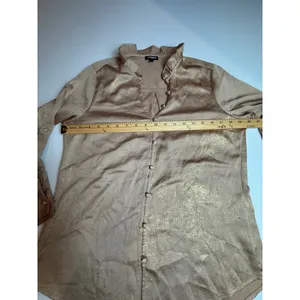 Express Womens Gold Metallic Foil Ruffle Neck Button Front Blouse Top Medium‎ thumbnail 4