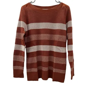 Market & Spruce Tawnee Cotton Blend Rust‎ & White Stripe Waffle Sweater Sz L NEW thumbnail 4