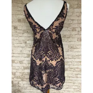 Free People Night Shimmer Sequin Mini Dress Purple Lace Nude Slip Size 0 $108.00 thumbnail 6