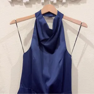 Elliatt Camo Navy Blue Halter Backless Satin Mini Dress Asymmetrical Hem NWT thumbnail 3