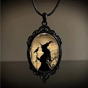 Witch And‎ Raven Cameo Black Pendant, Vintage Style Gothic Crow Glass Pendant thumbnail 11