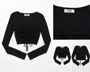 Black Ribbed Ruched Drawstring Long Sleeve Top Size M thumbnail 2
