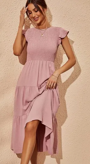 Women's Tiered Smocked Midi Dress in Dusty Pink Sz L thumbnail 1
