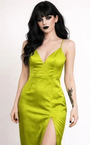 Forever 21 full length gown dress with slit neon green satin silk size XS thumbnail 1