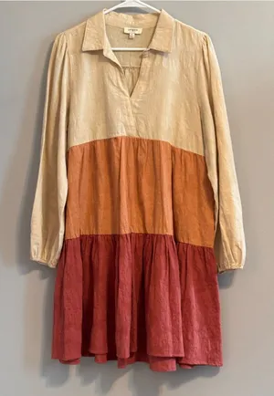 Umgee Medium Colorblock Tiered Cotton Boho Tunic Dress Rust Cream‎ thumbnail 1