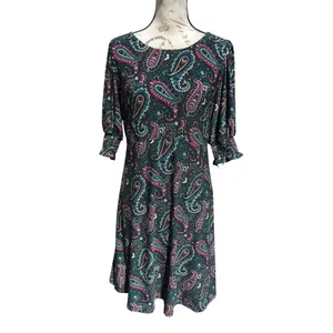 Tommy Hilfiger Womens Paisley Puff Sleeve Fit and Flare Dress Teal Pink Size 10 thumbnail 2