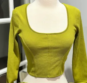 Happily Grey Ribbed Cropped Long Sleeve Top in Chartreuse/Lime Green thumbnail 1