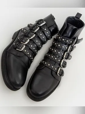 MAJE Leather Biker Boots EU 37: US 6.5 UK 4 Black Studded Buckle Straps Womens thumbnail 2