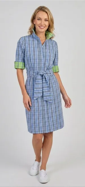 New Gretchen Scott Breezy Blouson Dress in periwinkle blue plaid size small thumbnail 1