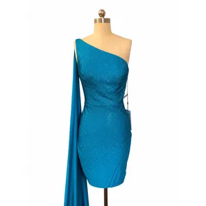 Sherri Hill 54858 Peacock One Shoulder Rhinestone Jersey Mini Dress Cape Sz 8 thumbnail 5