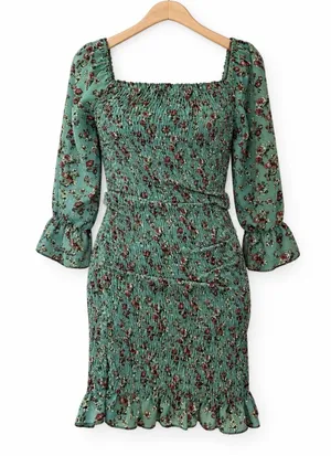 Timing Floral Ruched Smocked Bodycon square neck mini Dress M NWT cottagecore thumbnail 1