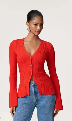 COMMENSE Cardigan Sweater Womens Small Red Ribbed V Neck Button Front Knit Top thumbnail 1