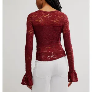 NWT Free People Burgundy Lace Long Sleeve Top M thumbnail 12