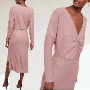 Anthropologie Eri+Ali Pink Knit V-neck Midi Long Sleeve Boho Sweater Dress Sz M thumbnail 9