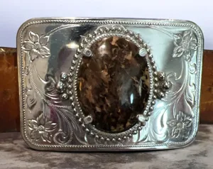 vintage-style Western belt buckle with a large oval agate cabochon stone 32 thumbnail 1