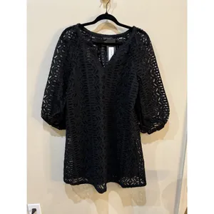 CLUB MONACO Dress Black V Neck Eyelet Balloon Sleeve Peasant Size Small‎ thumbnail 4