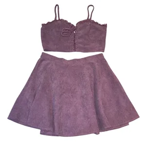 SheIn Y2K Purple Corduroy 2 Piece Lace Up Cami Crop Top Coquette Skater Skirt Medium thumbnail 2