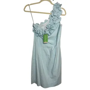 NWT Lilly Pulitzer Vivienne Shorely Blue Seersucker One-Shoulder Dress Sz 4 thumbnail 2