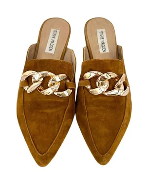 Steve Madden Finn Cognac Suede Chain Detail Pointed Mules Size 8.5 Quiet Luxury thumbnail 1