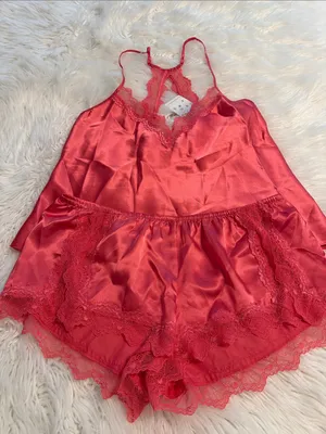Silky Lace Trim Cami & Shorts Sleep Set - Red top is size L bottom size XL new thumbnail 1