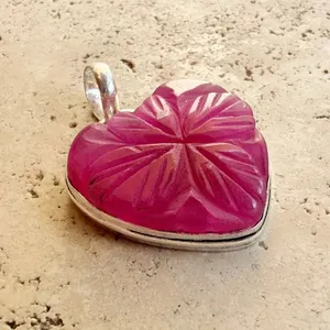 Carved Ruby Heart Clover Pendant 925 Silver Overlay Red thumbnail 2