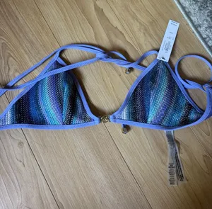 Victoria's Secret Lavender-Trim Triangle Bikini Top with Blue-Green Stripes thumbnail 1