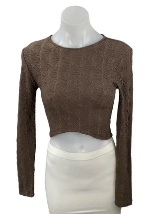 Zara Women's Brown Embossed Textured Long Sleeve Knit Round Neck Crop Top Size M thumbnail 1