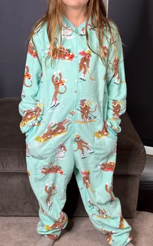 Nick & Nora Adult Teen Unisex Fleece One Piece Sock Monkeys Pajama Size S NWT thumbnail 1