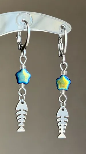 Handmade fish bone & star stainless steel unique funky dangle earrings🌀🐟💙⭐️ thumbnail 1