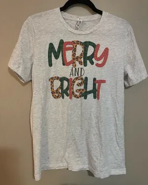 Merry and bright Bella canvas gray tee shirt Christmas holiday thumbnail 1