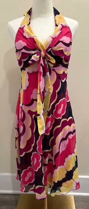 Harold's Pink Floral Silk Blend Halter Midi Dress Size 4 Retro Psychedelic Pinup thumbnail 1