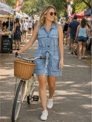 Women’s Blue Denim Shirt Dress Sleeveless Collared Button Drawstring Pockets L thumbnail 2