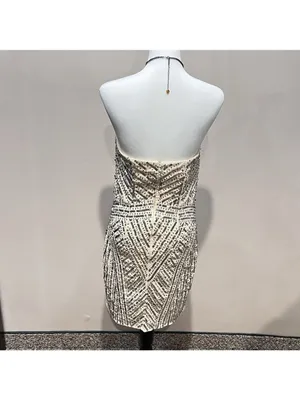 Temperance Dress M Beaded Sequin Strapless Cream Y2K Pom Bride Wedding Cocktail thumbnail 2