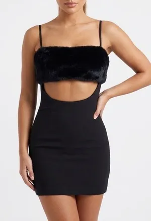 Naked Wardrobe Black Faux Fur Trim Mini Dress Sexy Date Night Club Prom Party thumbnail 1