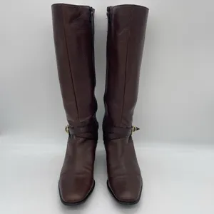 Talbots Womens 7AA Riding Boots Tall Brown Pebbled‎ Leather Gold Buckle Full Zip thumbnail 3