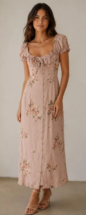 Altar'd State Pink Floral Linen Blend Milkmaid Midi Dress Sz XS Cottagecore Boho thumbnail 1