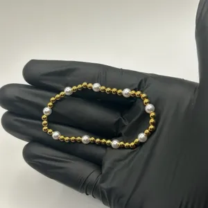 Womens Pearl Gold Chunky Bead Stretch Bracelet 18k Plated Saphir New thumbnail 1