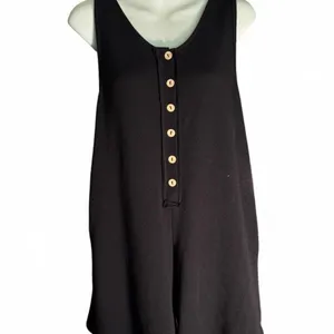 Black Henley Tank Romper Sleeveless Wood Buttons Casual Summer Knit thumbnail 5