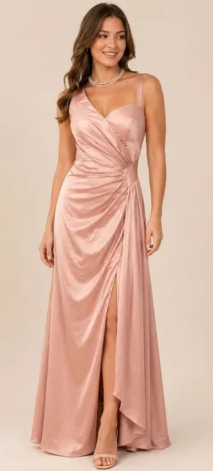 Hebeos Size 4 Blush One Shoulder Satin Formal Gown Maxi Dress Side Slit thumbnail 1
